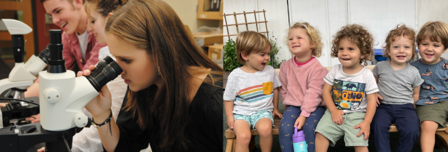 two photos - high school science students and young children